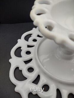 Vintage Monroe White Milk Glass by Fostoria Pedestal Cake Stand Lace Scroll