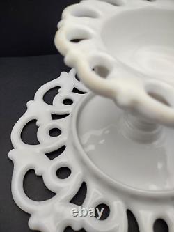 Vintage Monroe White Milk Glass by Fostoria Pedestal Cake Stand Lace Scroll