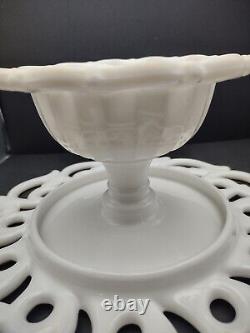 Vintage Monroe White Milk Glass by Fostoria Pedestal Cake Stand Lace Scroll