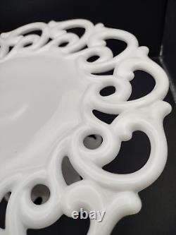 Vintage Monroe White Milk Glass by Fostoria Pedestal Cake Stand Lace Scroll