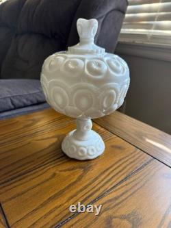 Vintage Moon and Stars Milk Glass Covered Compote Candy Dish L. E. Smith
