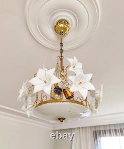 Vintage Murano White Milk Glass Flower Chandelier Wedding Home Decor