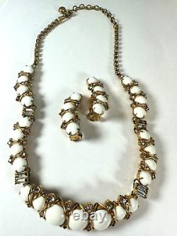 Vintage Necklace Hattie Carnegie White Milk Glass Cabochon Wire Clip On Earrings