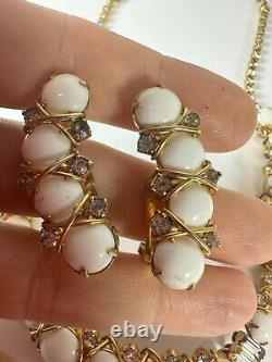 Vintage Necklace Hattie Carnegie White Milk Glass Cabochon Wire Clip On Earrings