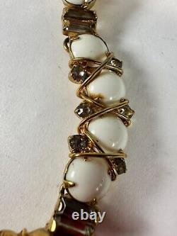 Vintage Necklace Hattie Carnegie White Milk Glass Cabochon Wire Clip On Earrings