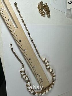 Vintage Necklace Hattie Carnegie White Milk Glass Cabochon Wire Clip On Earrings