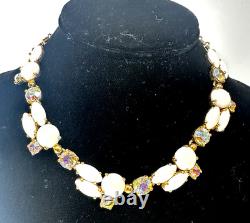 Vintage Necklace Schiaparelli White Milk Glass Rhinestone Collar Signed 16in