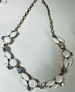 Vintage Necklace Schiaparelli White Milk Glass Rhinestone Collar Signed 16in