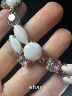 Vintage Necklace Schiaparelli White Milk Glass Rhinestone Collar Signed 16in