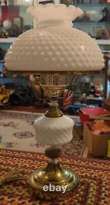 Vintage Original Hobnail White Milk Glass Hurricane Parlor Table Lamp MCM