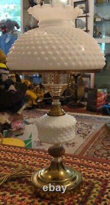 Vintage Original Hobnail White Milk Glass Hurricane Parlor Table Lamp MCM