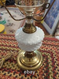 Vintage Original Hobnail White Milk Glass Hurricane Parlor Table Lamp MCM