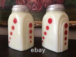 Vintage Original McKee Red Dots Milk Glass Roman Arch Salt & Pepper Shakers