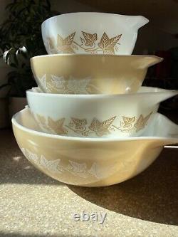 Vintage PYREX 4 Piece Sandalwood Ivy Leaf Nesting Cinderella Mixing Bowl Set