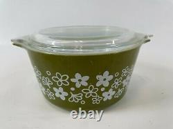 Vintage PYREX 8 pc SPRING BLOSSOM Crazy Daisy Green White Casserole Set with Lids