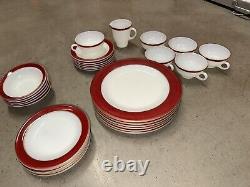 Vintage PYREX Royal Burgundy 28pc Place Setting Dinner/Salad Plate, Tea/Bowl Set