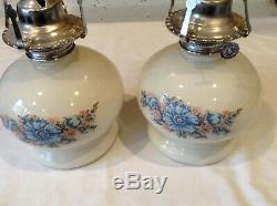 Vintage Painted Oil Lamp Pair Base White Milk Glass Flowers