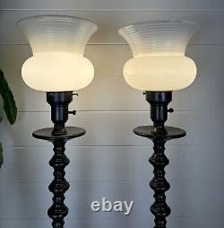 Vintage Pair Column Torchiere Buffet Table Lamps White Milk Glass Metal Mantle