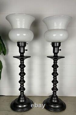 Vintage Pair Column Torchiere Buffet Table Lamps White Milk Glass Metal Mantle