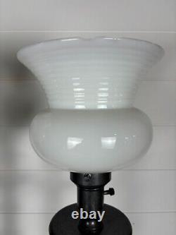 Vintage Pair Column Torchiere Buffet Table Lamps White Milk Glass Metal Mantle