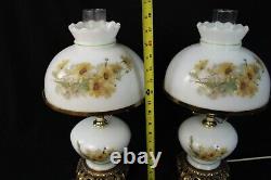 Vintage Pair Milk Glass Hurricane Lamps Daisies 3-way pretty