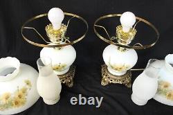 Vintage Pair Milk Glass Hurricane Lamps Daisies 3-way pretty