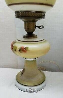 Vintage Pair Milk Glass White Floral GWTW Hurricane Table Desk Lamp Light 1940s