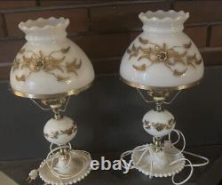 Vintage Pair Of White Hobnail Milk Glass Lamps Brass Flowers Both work Great