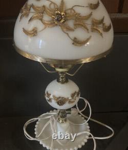 Vintage Pair Of White Hobnail Milk Glass Lamps Brass Flowers Both work Great