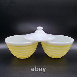 Vintage Pair Yellow Stripe Pyrex Mixing Bowls 1.5pt With 1 Lid Milk Glass