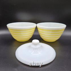 Vintage Pair Yellow Stripe Pyrex Mixing Bowls 1.5pt With 1 Lid Milk Glass