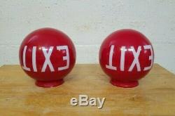 Vintage Pair of Red Painted Milk Glass EXIT Globe Light Fixtures