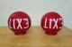 Vintage Pair Of Red Painted Milk Glass Exit Globe Light Fixtures
