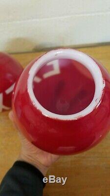 Vintage Pair of Red Painted Milk Glass EXIT Globe Light Fixtures