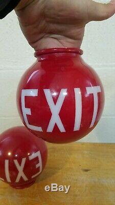 Vintage Pair of Red Painted Milk Glass EXIT Globe Light Fixtures