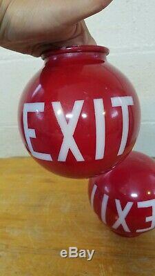 Vintage Pair of Red Painted Milk Glass EXIT Globe Light Fixtures