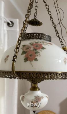Vintage Pendant White Milk Glass Hand Painted Roses Chain Hanging Ceiling Light