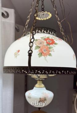 Vintage Pendant White Milk Glass Hand Painted Roses Chain Hanging Ceiling Light