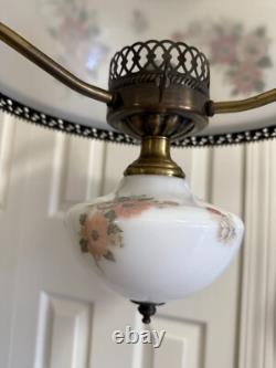 Vintage Pendant White Milk Glass Hand Painted Roses Chain Hanging Ceiling Light