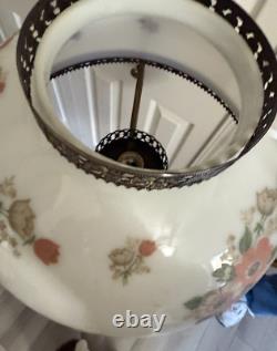 Vintage Pendant White Milk Glass Hand Painted Roses Chain Hanging Ceiling Light