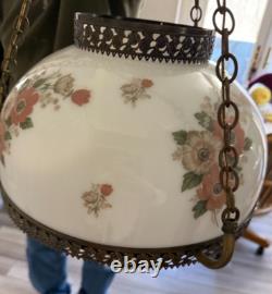 Vintage Pendant White Milk Glass Hand Painted Roses Chain Hanging Ceiling Light