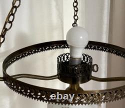 Vintage Pendant White Milk Glass Hand Painted Roses Chain Hanging Ceiling Light