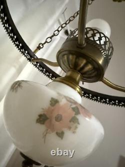 Vintage Pendant White Milk Glass Hand Painted Roses Chain Hanging Ceiling Light