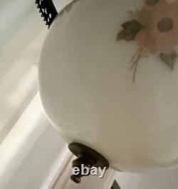 Vintage Pendant White Milk Glass Hand Painted Roses Chain Hanging Ceiling Light