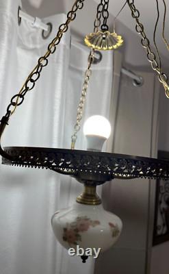 Vintage Pendant White Milk Glass Hand Painted Roses Chain Hanging Ceiling Light