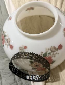 Vintage Pendant White Milk Glass Hand Painted Roses Chain Hanging Ceiling Light