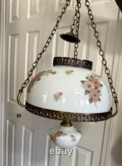 Vintage Pendant White Milk Glass Hand Painted Roses Chain Hanging Ceiling Light