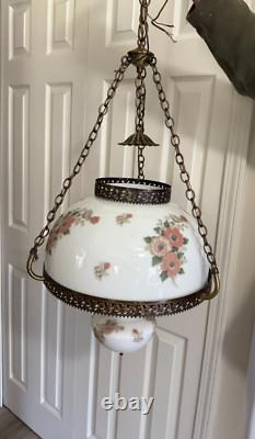 Vintage Pendant White Milk Glass Hand Painted Roses Chain Hanging Ceiling Light
