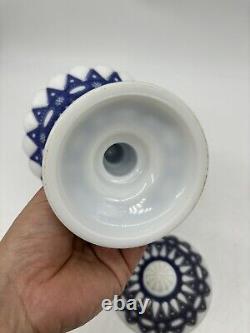 Vintage Phoenix Glass White Milk Glass Cobalt Lacy Dew Drop Compote Bowl / Lid