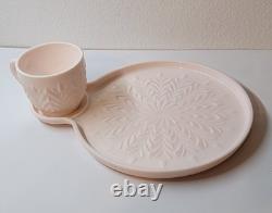 Vintage Pink Milk Glass Jeanette Feather 7 Snack Set Cups and plates 14 pieces